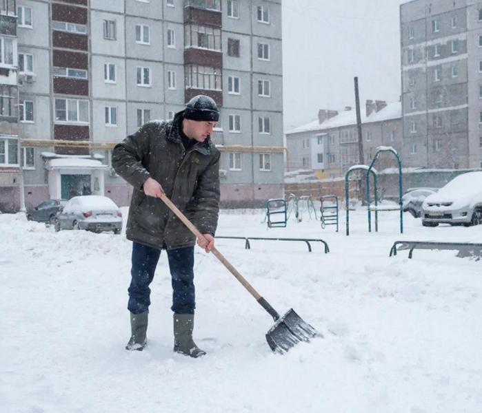 Дворник убирает снег